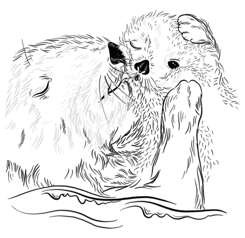 Sea Otter Licks Her Baby Coloring Page